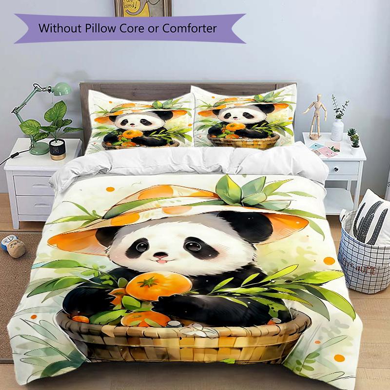 

3pcs Adorable Panda & Persimmon Printed Quilt Set - Includes 1 Quilt Cover and 2 Pillowcases, Machine Washable - Suitable for All Seasons.M003 135x200cm
