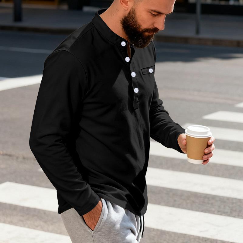 Men Solid Color Long Sleeve Round Neck Button Decor Casual Loose Polo Shirt