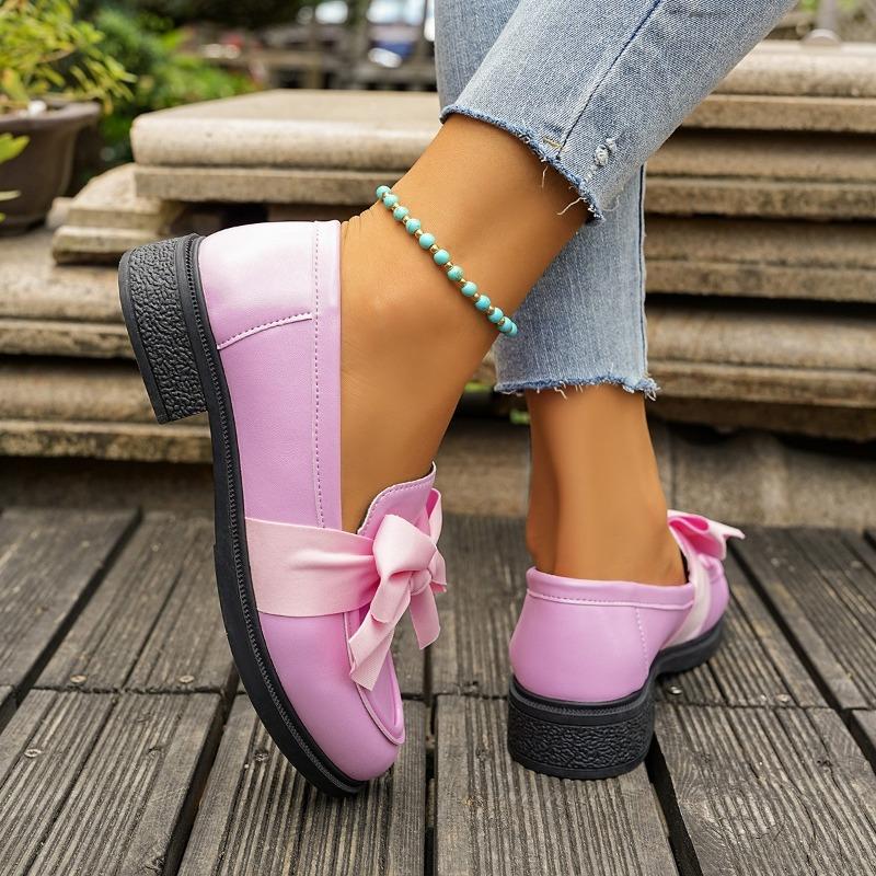 Fashion Big Bow Round Toe Deep Mouth Platform Slip Anti-Slip Wear-Resistant Square Heel Loafer Single