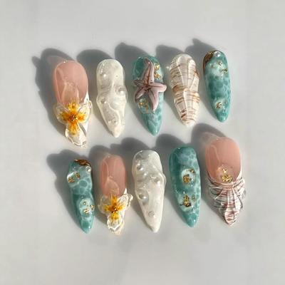 10Pcs Handmade Press On Nails Water Ripple Starfish Almond Shape Summer Ocean Series French Tip False Nails