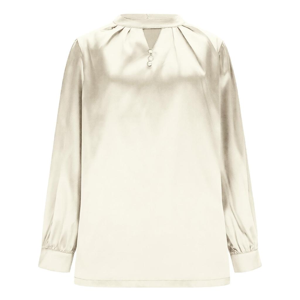 Women's Color Round Neck Long Sleeve Button Casual Business Shirt Top