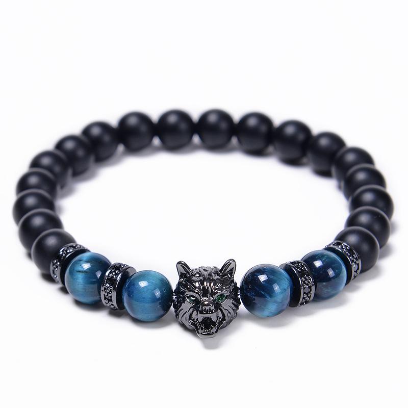 Wolf Charm Bracelets Men Natural Black Agates Onyx Stone Bracelet Brave Blue Tiger Eye Elastic 8 Mm Beads  Beaded Pulsera