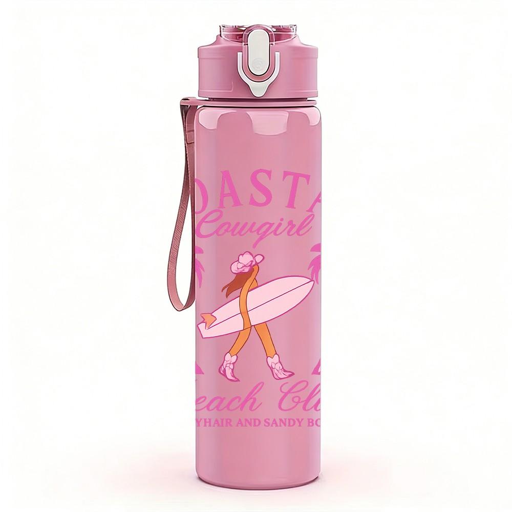 1PC Coastal Beach Club Surfer Print 750ml Color Plastic Sports Water Bottle Leakproof Flip Straw Lid Suitable for Sports Office Home Use