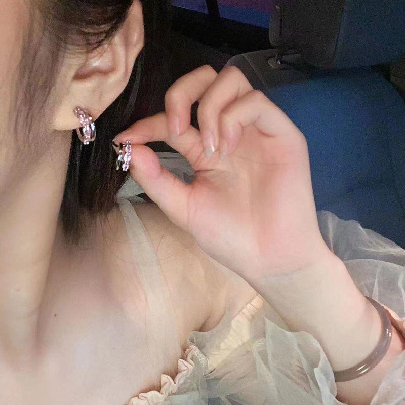 

Sweet Cool Double Pink Zircon Earrings Special-Interest Design Fancy Copper Inlaid Zirconium Earrings Sweet Cute Earrings Earrings Pink zircon Silver Needle