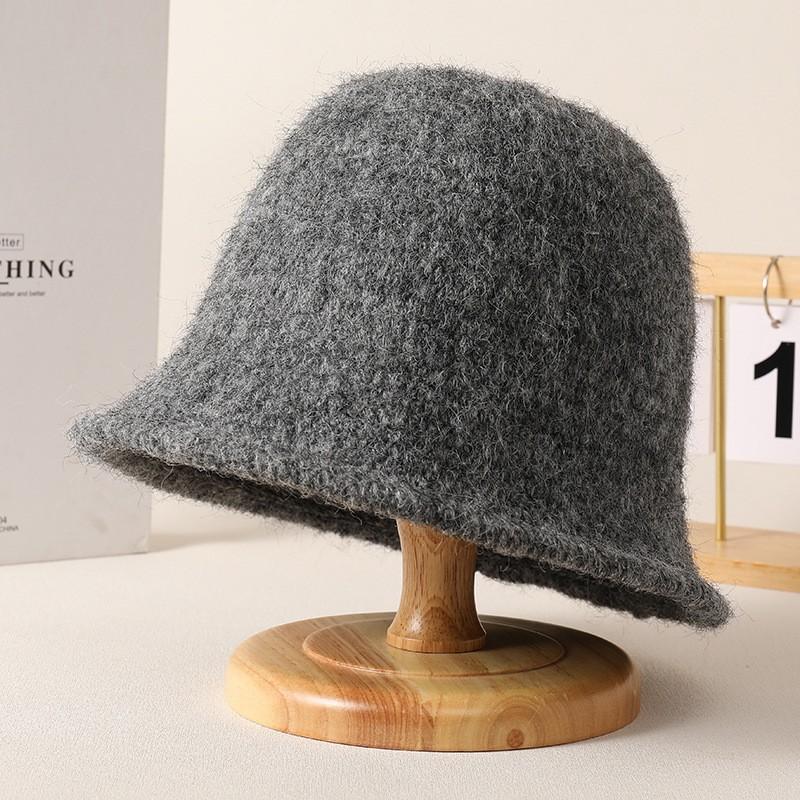 Autumn and winter woolen new high-end solid color bucket hat women's warm versatile sunshade basin hat plush bucket hat
