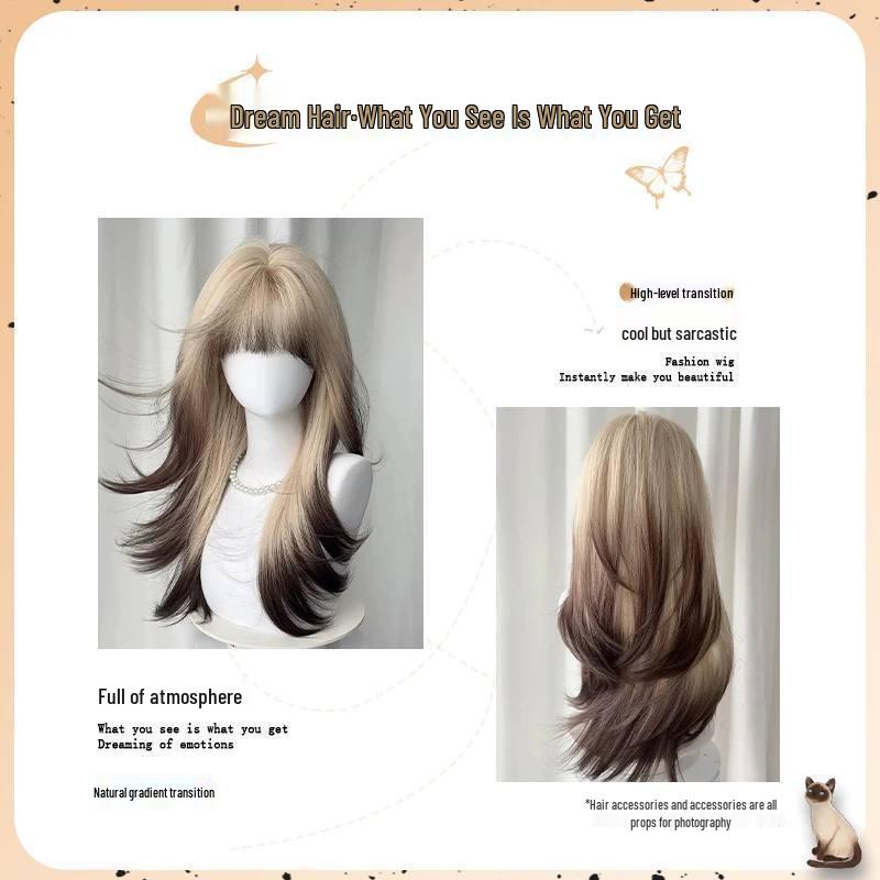 Парик женский, длинные прямые волосы: Молочный золотисто-черный градиент, Высокослойный, Стиль полной шапочки, Вдохновлено сиамской кошкой.