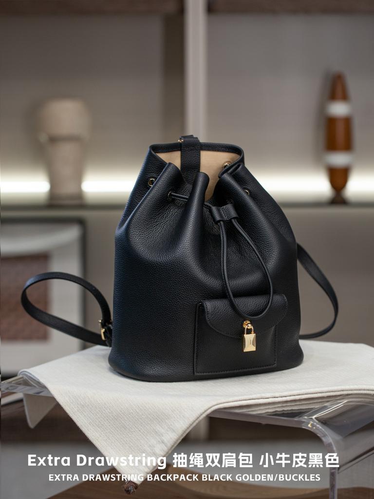 Extra Drawstring Double Leather Bag New Style Frosted Surface Top Layer Cowhide Leather Handbag High-End Sense Minimalist Double Leather Bag