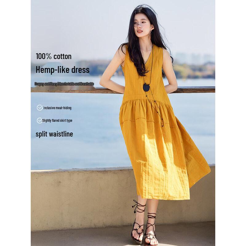 XWI Women s 100% Cotton V-Neck Sleeveless Midi A-Line Dress L