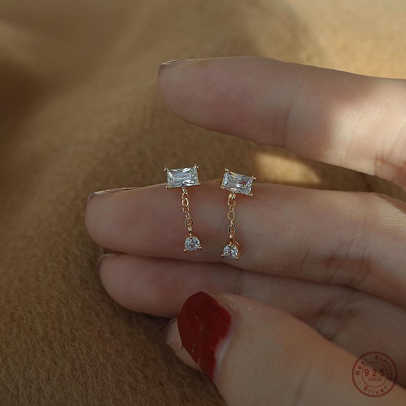 925 Sterling Silver Korean Simple Temperament Geometric Zircon Stud Earrings Women Plating 14k Gold Wedding Jewelry