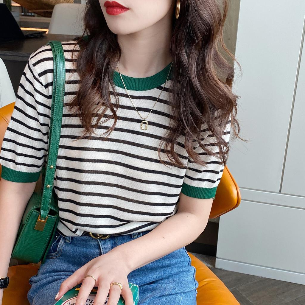 Knitwear Short Sleeve Women Thin Summer New Ice Silk Early Autumn Top Short Loose Striped T-shirt