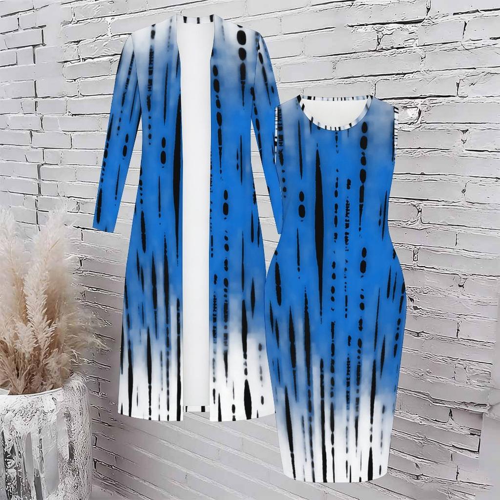 Women Plus Size Two Piece Set Long Sleeve Open Front Cardigan Sleeveless Crew Neck Bodycon Printed Dress