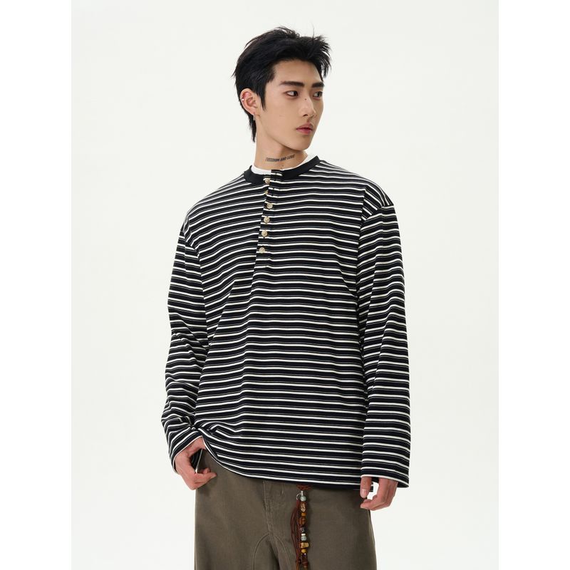 Kisko American Retro Classic Striped Henry Collar Long-Sleeve T-Shirt for Men and Women, Simple Casual Lazy Base Shirt Top