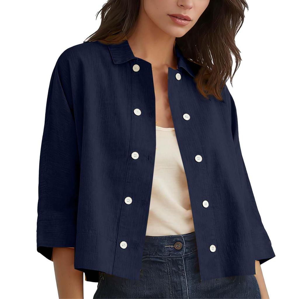 Women's Fashion -Color Cotton And Linen Double-breasted Short Half-sleeved Cardigan Top