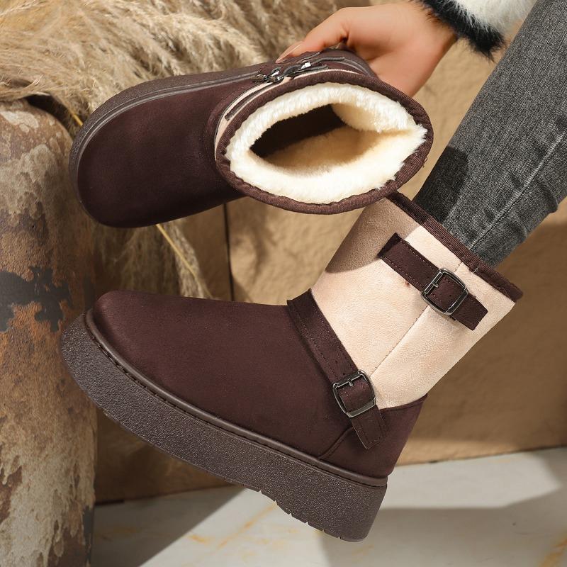 Fashion Multi-color Platform Snow Boots Winter New Round Toe Suede Sleeve Metal Buckle Non-slip Cotton Boots
