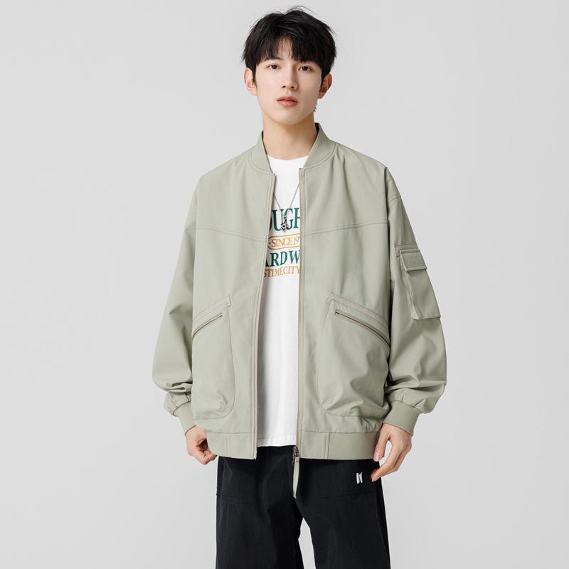2025 Japanese Trendy Men's Retro Loose Stand Collar Bomber Jacket - Spring Casual Drop Shoulder Workwear Style.