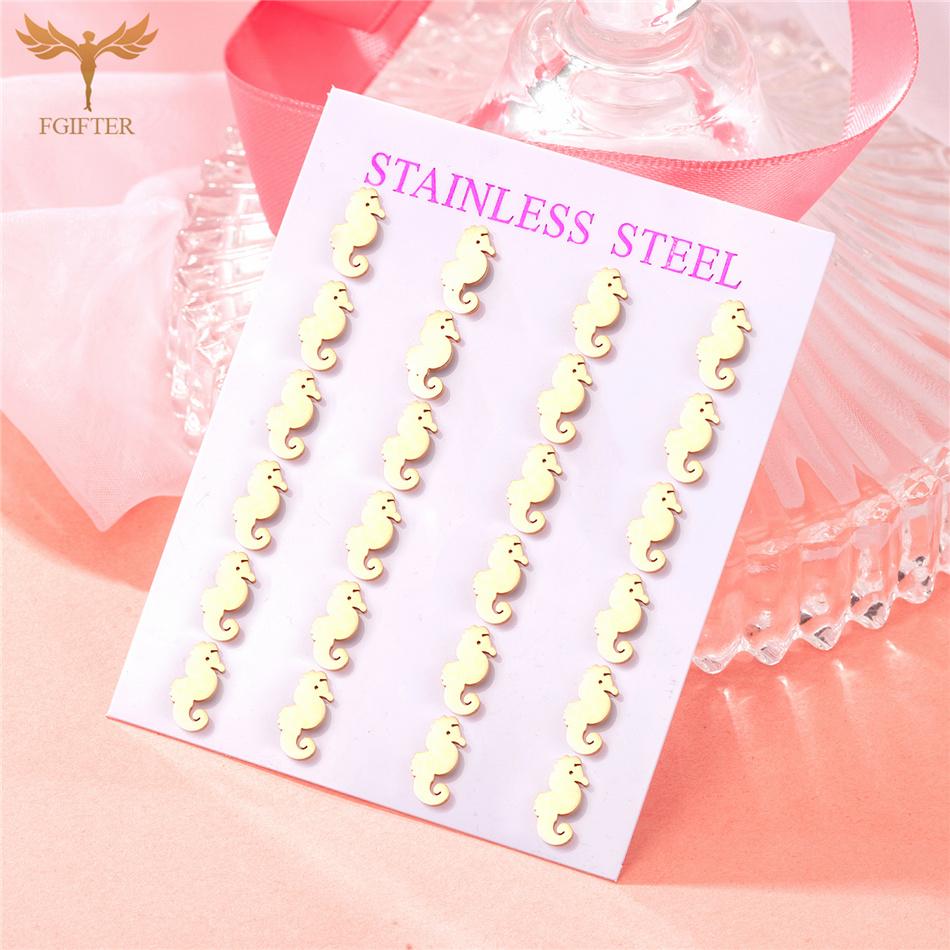 12 Pair Marine Animal Earrings for Women Sea Turtle Shell Starfish Dolphin Penguin Fish Stainless Steel Ear Studs Summer Zircon