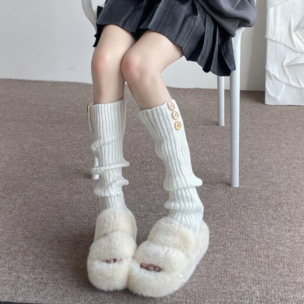 Women Student Novelty Leg Warmers Ribbed Knitted 3 Button Knee High Footless Boot Cuffs Solid Color Foot Covers Socks