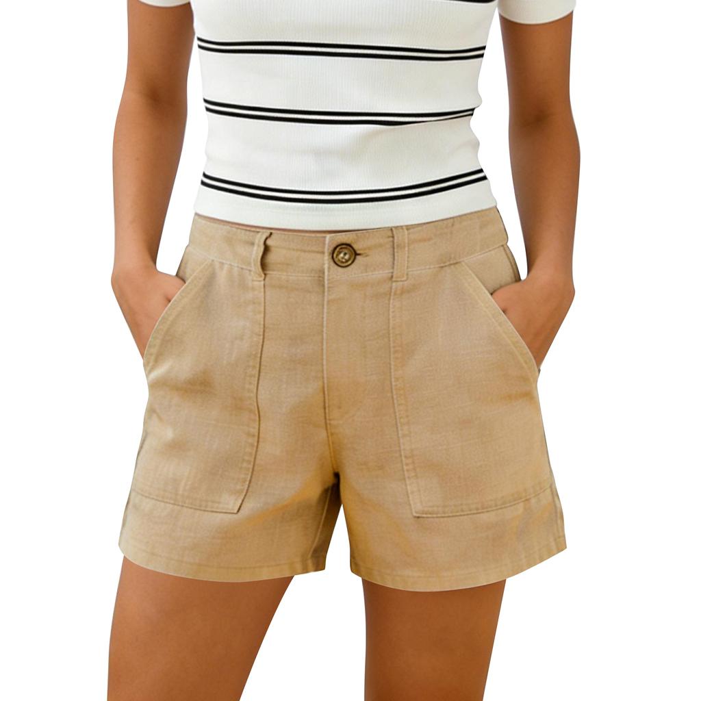 Women's Cotton And Linen Shorts, With Pockets, Soft Button Closure, Zipper, Slim Fit.