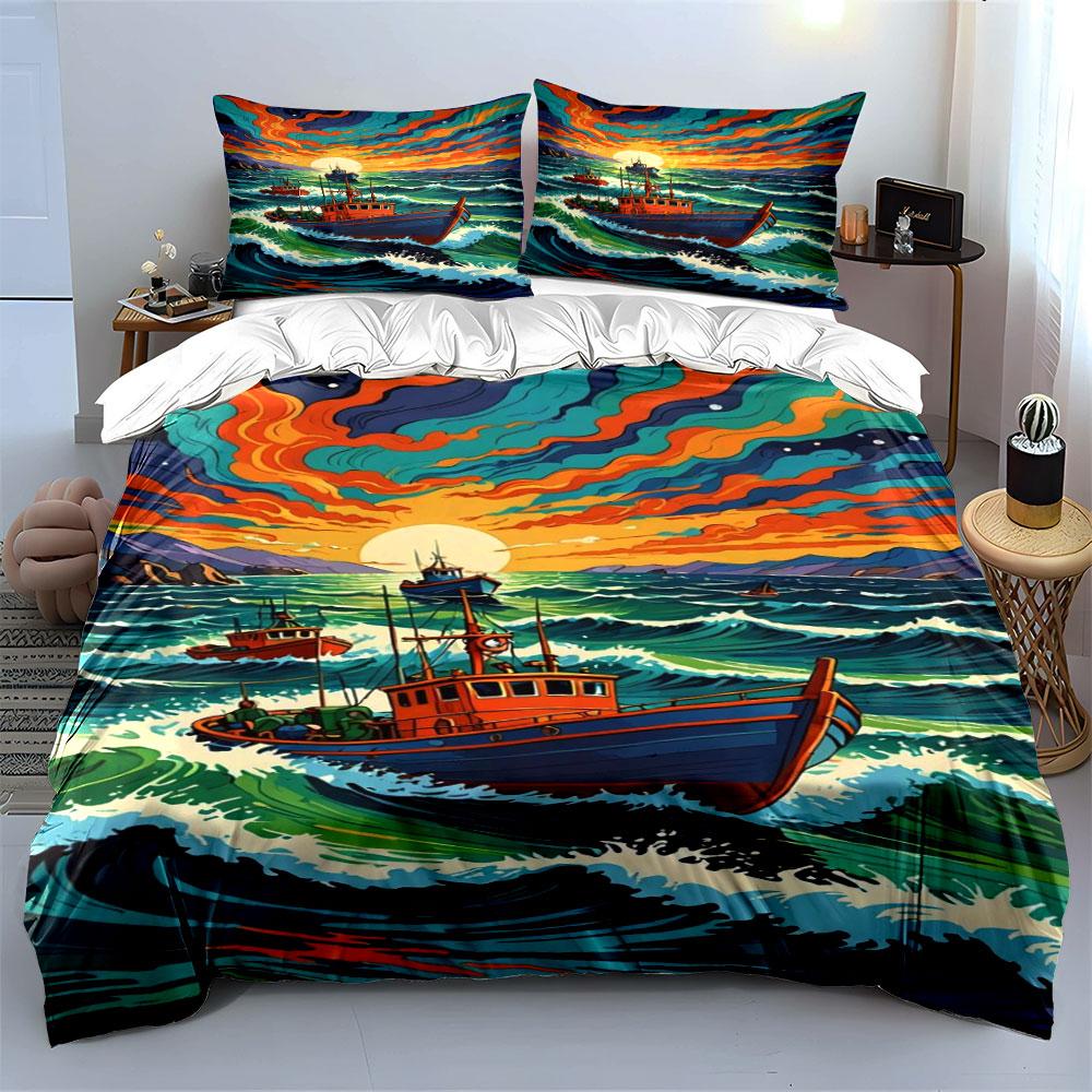 Boats on colorful waves. Bedding sets Duvet cover sets Duvet covers Pillowcases(1*Duvet Cover 2*Pillowcases without duvet insert)