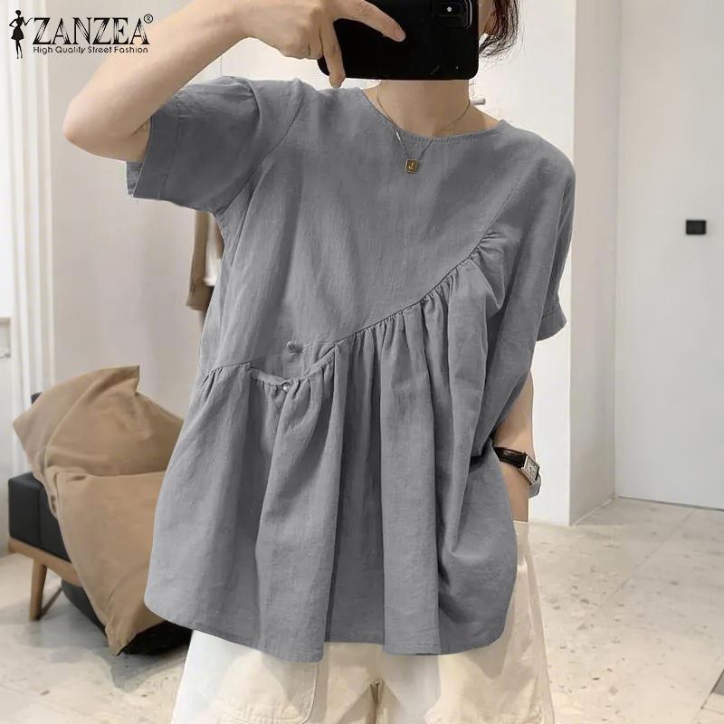 ZANZEA Women Casual Round Neck Loose Summer Cotton Short Sleeve T-Shirts