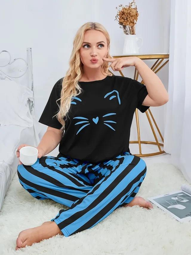 Set Pijama Mărimi Mari pentru Femei 2024 - Pantaloni Plaid cu Dungi & Top cu Imprimeu Watermark