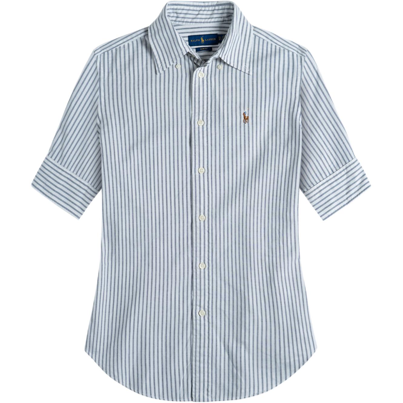 

Polo Ralph Lauren Полосатая рубашка Оксфорд с вышивкой логотипа пони, с коротким рукавом, женская, рубашки, темно-синяя, 211740988-003