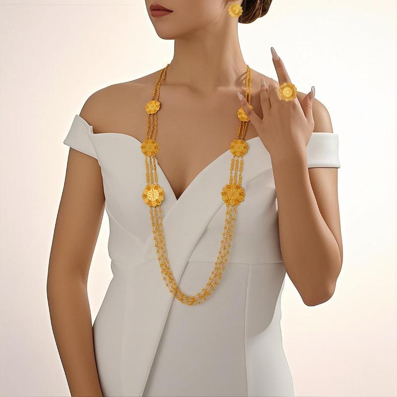 3-Piece Geometric Tassel Long Necklace Earrings Ring Jewelry Set Ladies Wedding Accessories