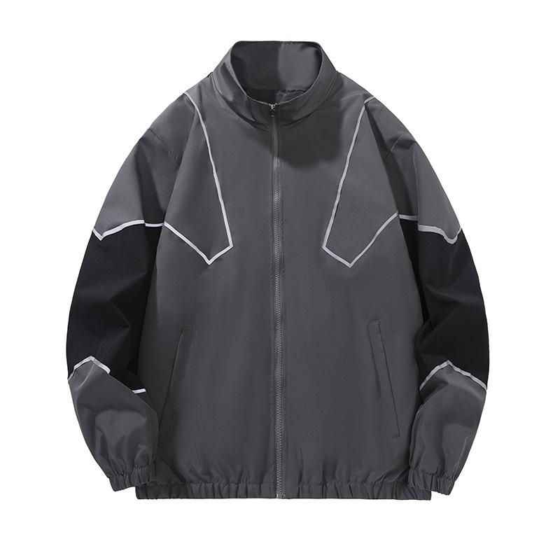 Men s jacket stand-up collar casual reflective strip jacket spring and autumn trendy brand sports M серый