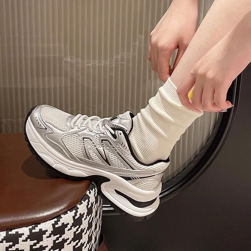 WHITE Spring Sports Running Chunky Sneakers Women Shoes Platform Sports Vulcanized Shoes Lace Up Trend Spring Casual Autumn New