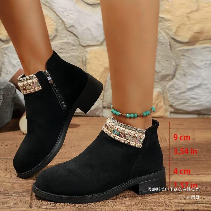 Foreign Trade New Suede Side Zipper Short Martin Boots Women's Cross-border Large Size Thick Heel Lace Thick Heel Bare Boots