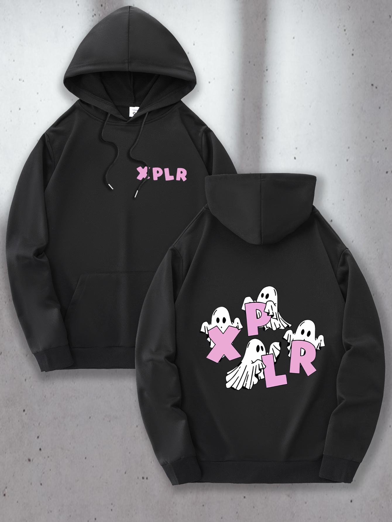 

Men S Brown Hoodie with XPLR Ghost Graphic Casual Pullover Sweatshirt Long Sleeve Drawstring Hood Polyester Blend Season Comfort 3XL