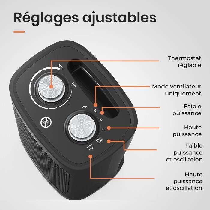 Radiateur Soufflant en céramique 1800W Pro Breeze avec oscillation automatique, 2 réglages de chaleur, mode ventilateur seul - Noir