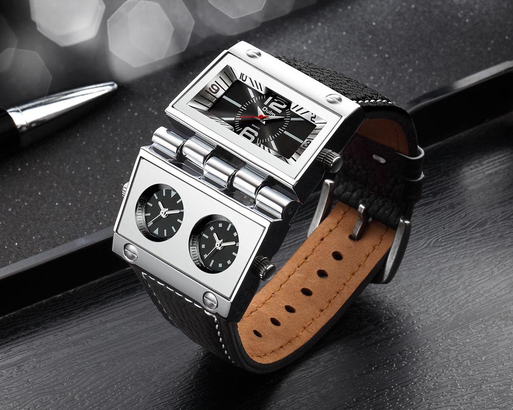 Oulm Men's Quartz Watch with Large Rectangular Dial & Multi-Time Zone Display