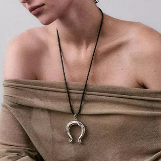 Industrial Chic Horseshoe Pendant Necklace with Black Wax Cord - Unique, Fashionable & Versatile Sweater Chain