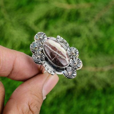 Natürlicher Kokosnussjaspis Solitär Blume Verstellbarer Ring 925 Silber Für Mädchen