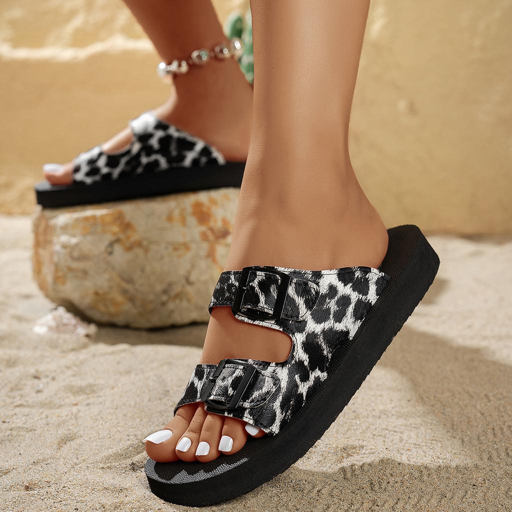 Summer Sexy Leopard Print Buckle Women's Sandals Beach Vacation Daily Walk Casual  Versatile Soft Sole Flat Heel Slippers