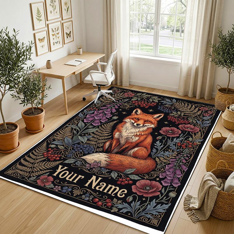 Fox Flowers Theme Soft Crystal Velvet Rug Custom Name & Text Print Non Slip Floor Rug for Bedroom Living Room