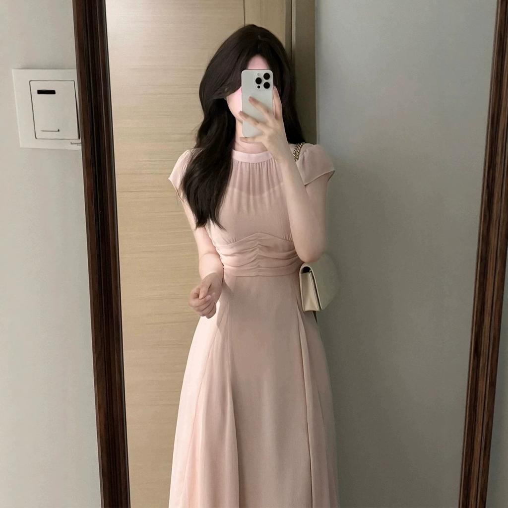 Beautiful and unique waist temperament long dress French gentle wind pink small flying sleeve dress summer beautiful small skirt