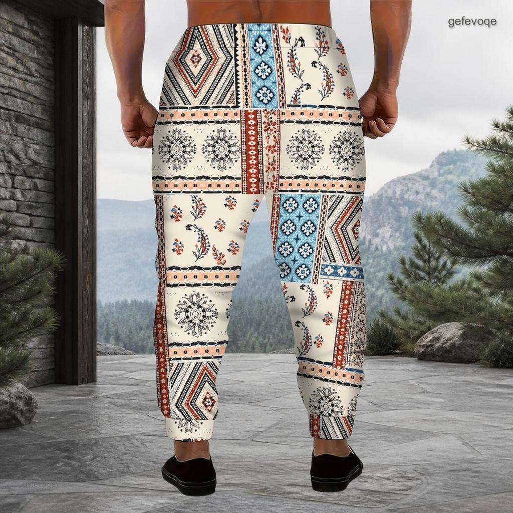 Men Plus Size Red Paisley Printed Drawstring Waist Jogger Pants Side Pockets Cuffed Ankle