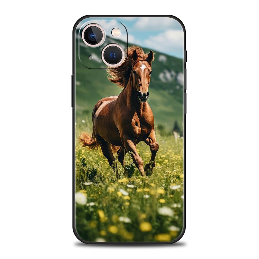 Luxury TPU Soft Phone Case For iPhone 16 11 15 14 Pro MAX 12 13 7 8 Plus X XR XS SE 2022 Black Cover Horse Animal