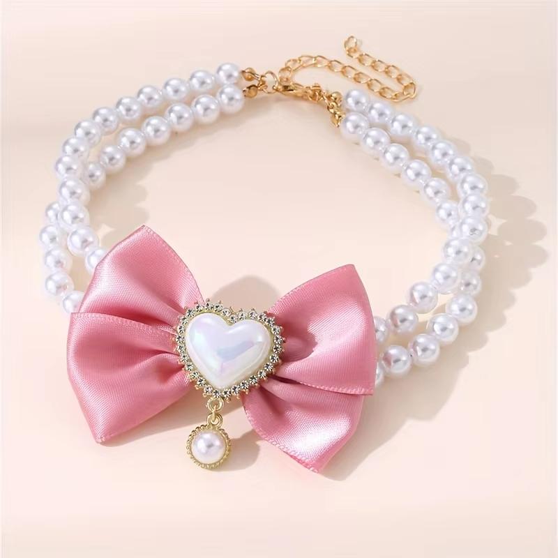 

Double Layer Pet Collar with Heart Drop Pendant,ABS Material,Adjustable Bowknot Design,Suitable for Small to Medium Dogs S рожевий