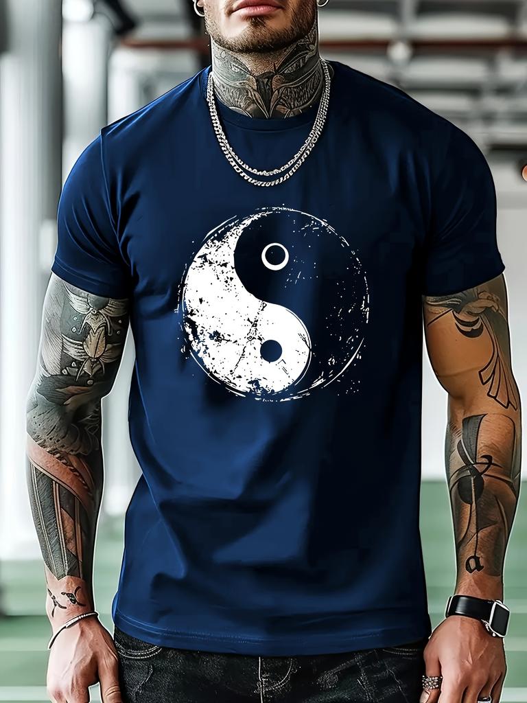 Yin Yang Graphic Print Mens Cotton TShirt Round Neck Short Sleeve Casual Summer Tee