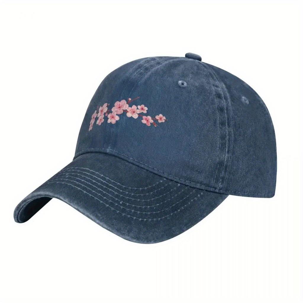 Cherry Blossom Pink Floral Print Washed Denim Baseball Cap Casual Adjustable Unisex Cotton Hat