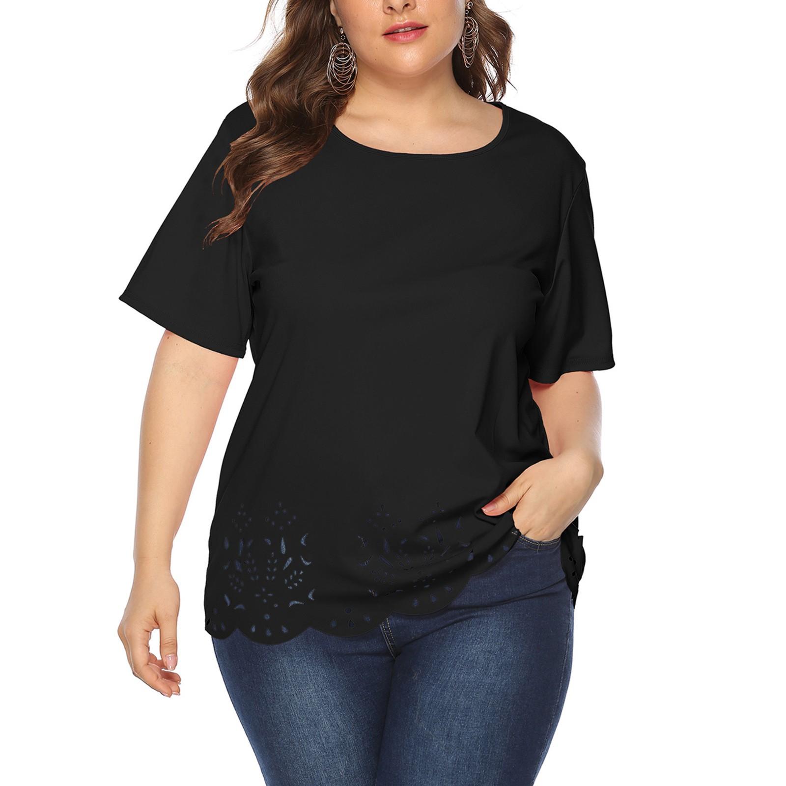 

Женская модная однотонная повседневная футболка с круглым вырезом и коротким рукавом больших размеров, топ XXL чёрный