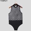 INCERUN Men Mockneck Sleeveless Polka Dots Mesh Bodysuits See Through Fitted Briefs Jumpsuits