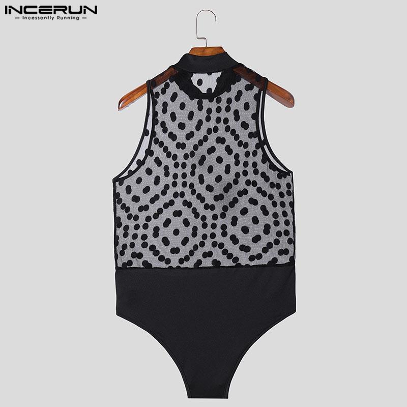 INCERUN Men Mockneck Sleeveless Polka Dots Mesh Bodysuits See Through Fitted Briefs Jumpsuits