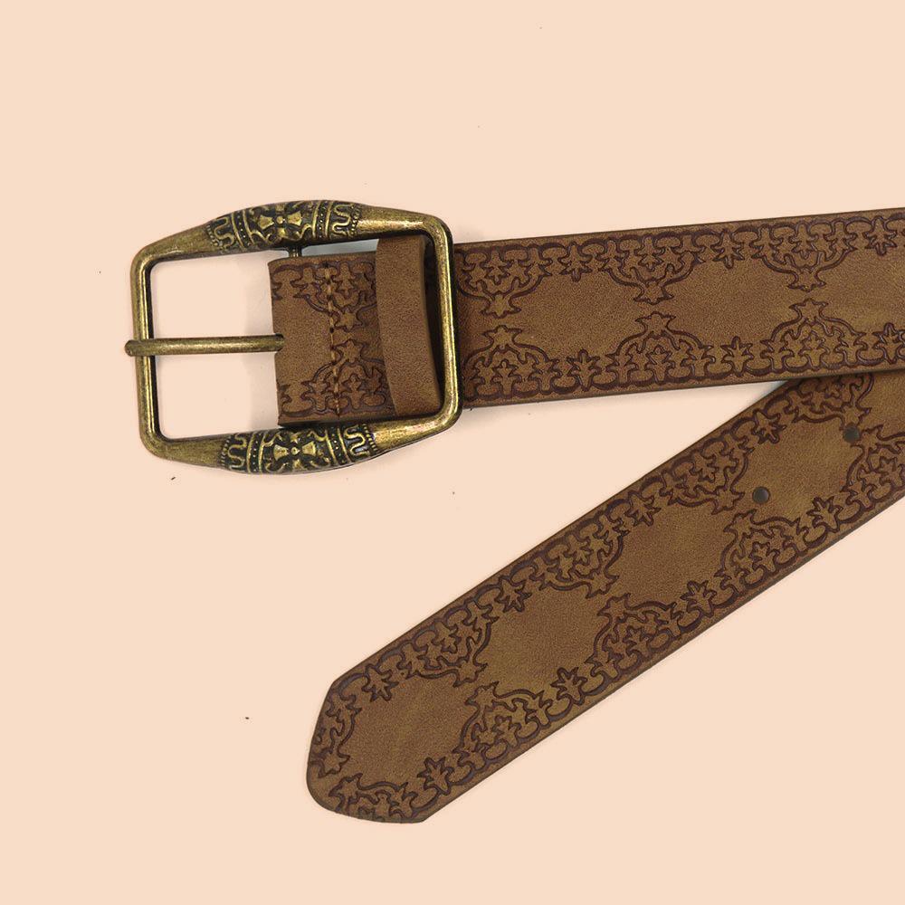 Women's High-End Retro Embossed Brown Leather Belt - Alloy Buckle, Ethnic American Y2K Style