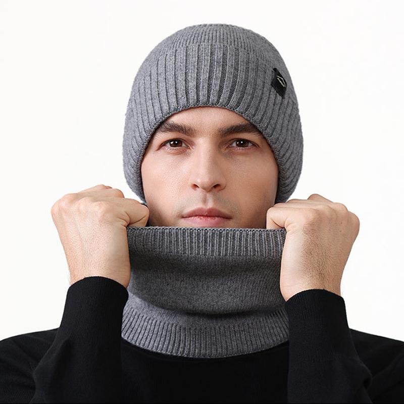 Knitted Hat Scarf Kit Men's Fleece Cold-Proof Warm Wool Hat Big Head Outdoor Hat