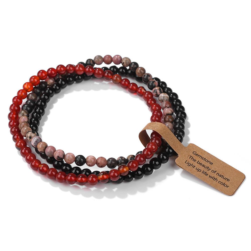 Braccialetti Elastici con Perline di Pietra Naturale da 4 mm (3 Pezzi) per Donna Uomo Agate Muschiate Quarzi Rosa Set di Braccialetti Elasticizzati con Etichetta Gioielli