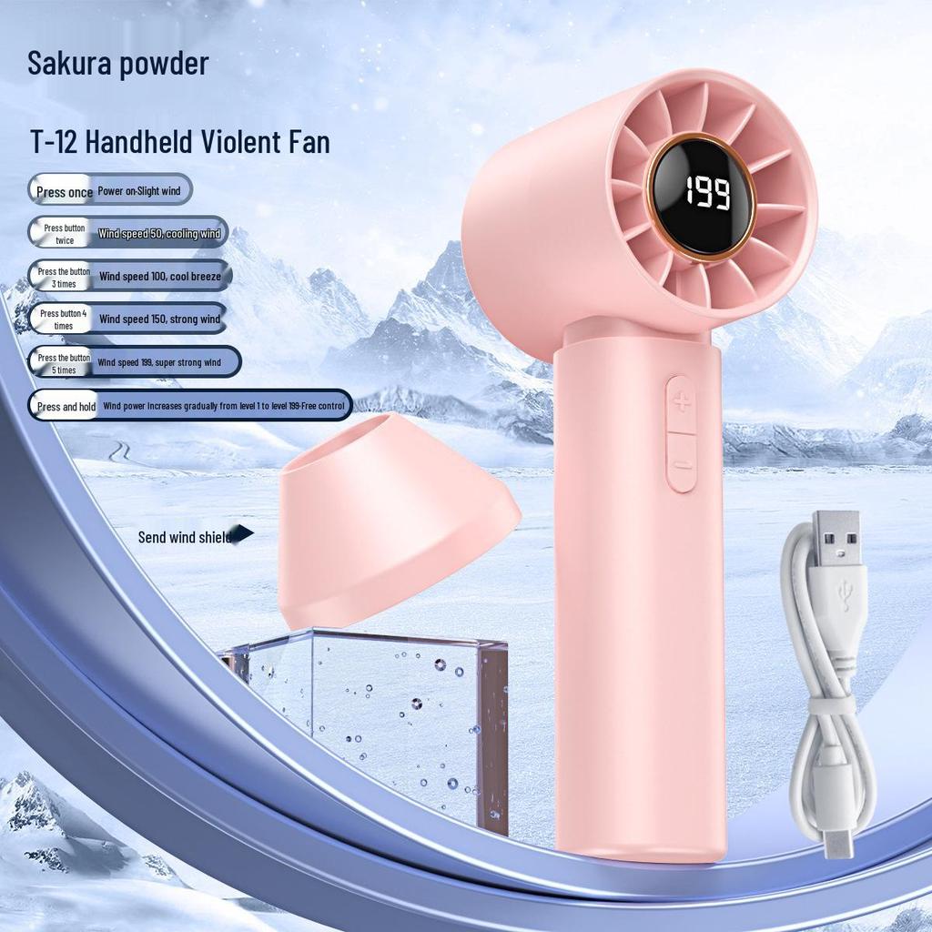 Handheld Turbo Fan: High-Speed, Digital Display, 199 Gears, USB Rechargeable Compact Fan